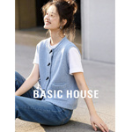 百家好2026春季新款牛角扣针织马甲女浅蓝色复古宽松外搭叠穿上衣