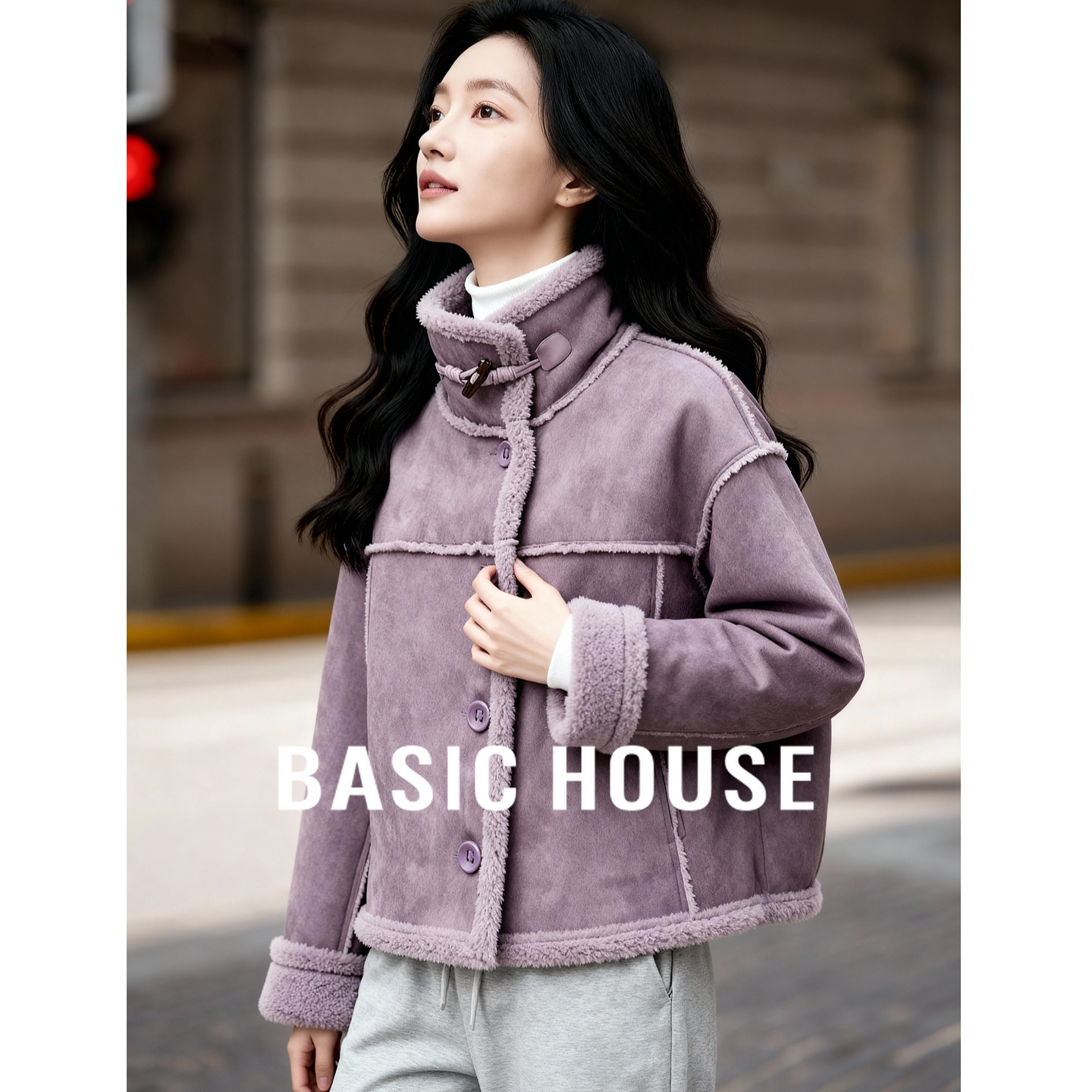Basic House/百家好复古皮毛一体外套女仿羊羔毛立领加厚短款外套