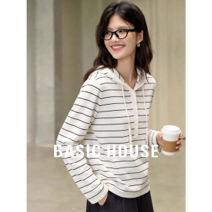 抽绳设计软糯针织打底衫 新款 女 26春季 百家好韩系慵懒风条纹连帽衫