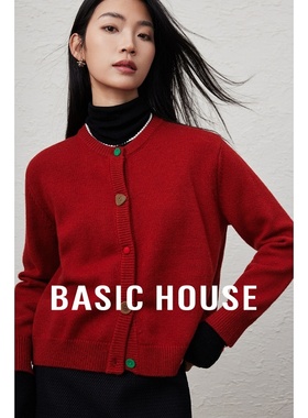 Basic House/百家好绵羊毛毛衣女款2025冬季新款红色针织开衫外套