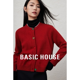 Basic House/百家好绵羊毛毛衣女款2025冬季新款红色针织开衫外套
