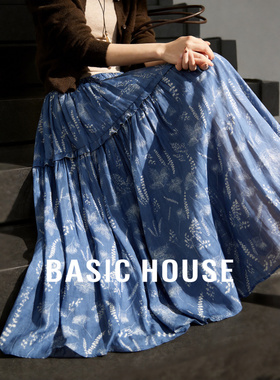 Basic House/百家好蓝色碎花半身裙女2026夏季新款莱赛尔收腰长裙