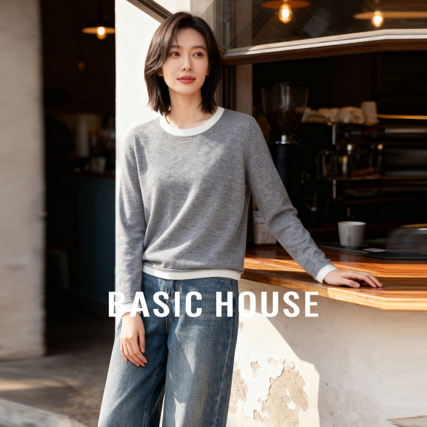 Basic House/百家好拼接简约撞色上衣秋季新款宽松显瘦长袖针织衫