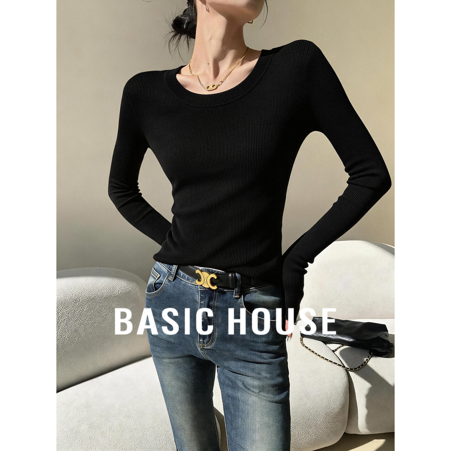 百家好精纺羊毛针织衫女春季新款圆领修身显瘦内搭打底衫长袖上衣