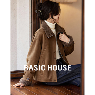 Basic House/百家好复古仿麂皮绒外套女款冬季美拉德皮毛一体上衣