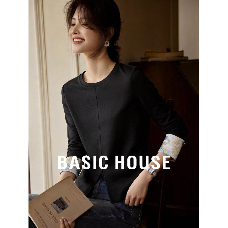Basic House/百家好新中式长袖T恤女春季新款国风圆领刺绣打底衫
