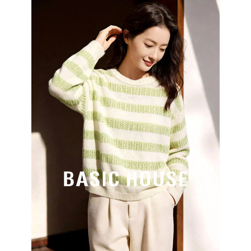 Basic House/百家好温柔镂空长袖上衣女春夏慵懒风条纹圆领针织衫