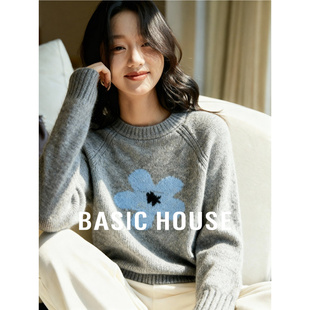Basic House/百家好时尚慵懒刺绣小花毛衣女秋冬新款短款套头上衣