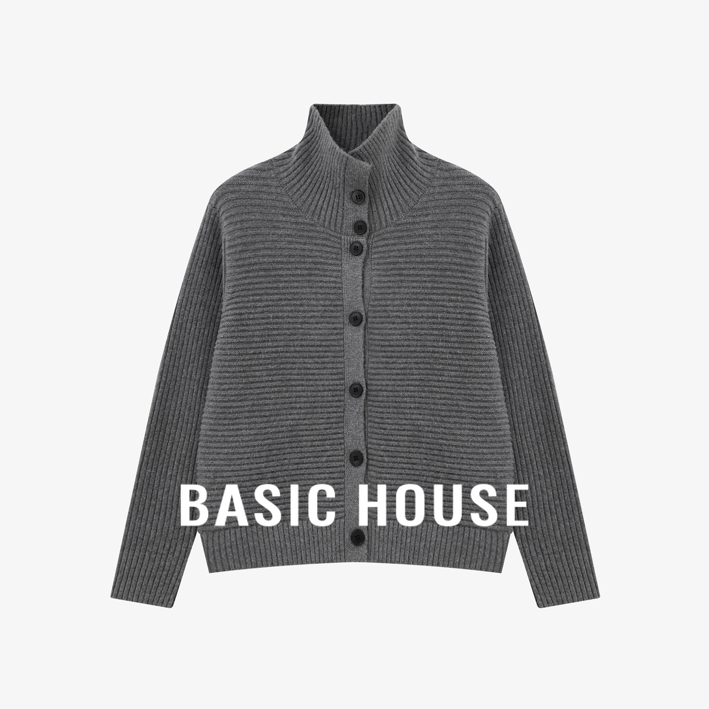 Basic House/百家好立领纯色开扣毛衣开衫女2025冬季新款长袖上衣