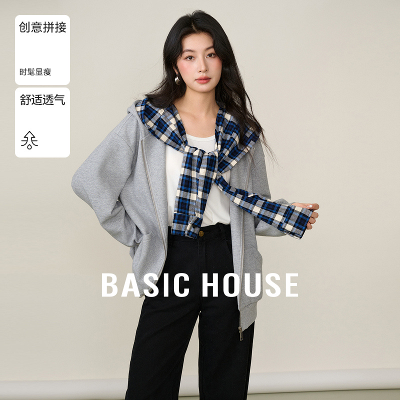 Basic House/百家好美式复古可拆卸格子卫衣开衫女款宽松连帽外套