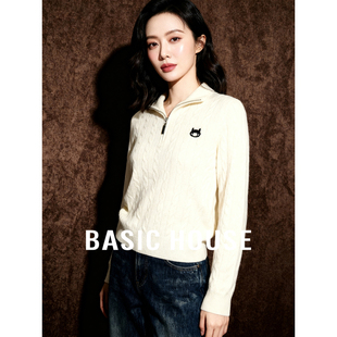 半拉链翻领毛衣绵羊毛绞花短款 百家好冬季 上衣女 House Basic