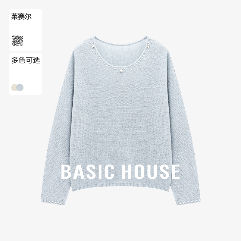 Basic House/百家好浅蓝色圆领钉珠针织衫女宽松慵懒风套头毛衣秋