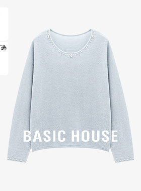 Basic House/百家好浅蓝色圆领钉珠针织衫女宽松慵懒风套头毛衣秋