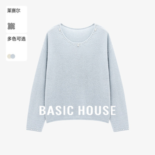 Basic House/百家好浅蓝色圆领钉珠针织衫女宽松慵懒风套头毛衣秋