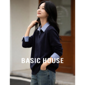 针织上衣 女士格纹衬衫 百家好藏青假两件拼接翻领毛衣2026春季 新款