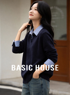 百家好藏青假两件拼接翻领毛衣2026春季新款女士格纹衬衫针织上衣