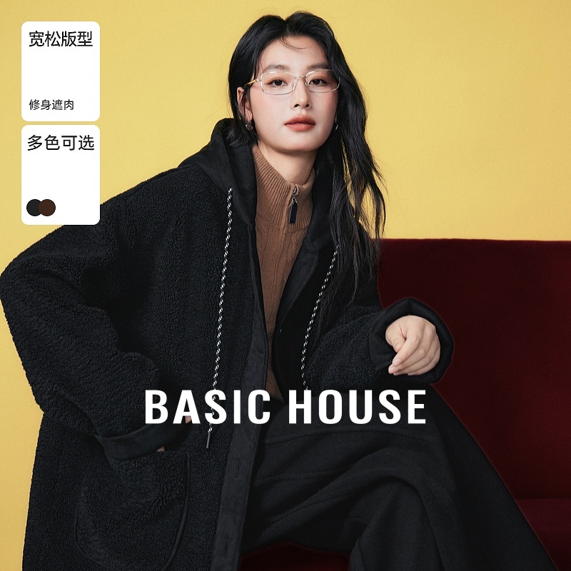 Basic House/百家好复古摇粒绒抽绳外套冬季新款中长款连帽上衣女