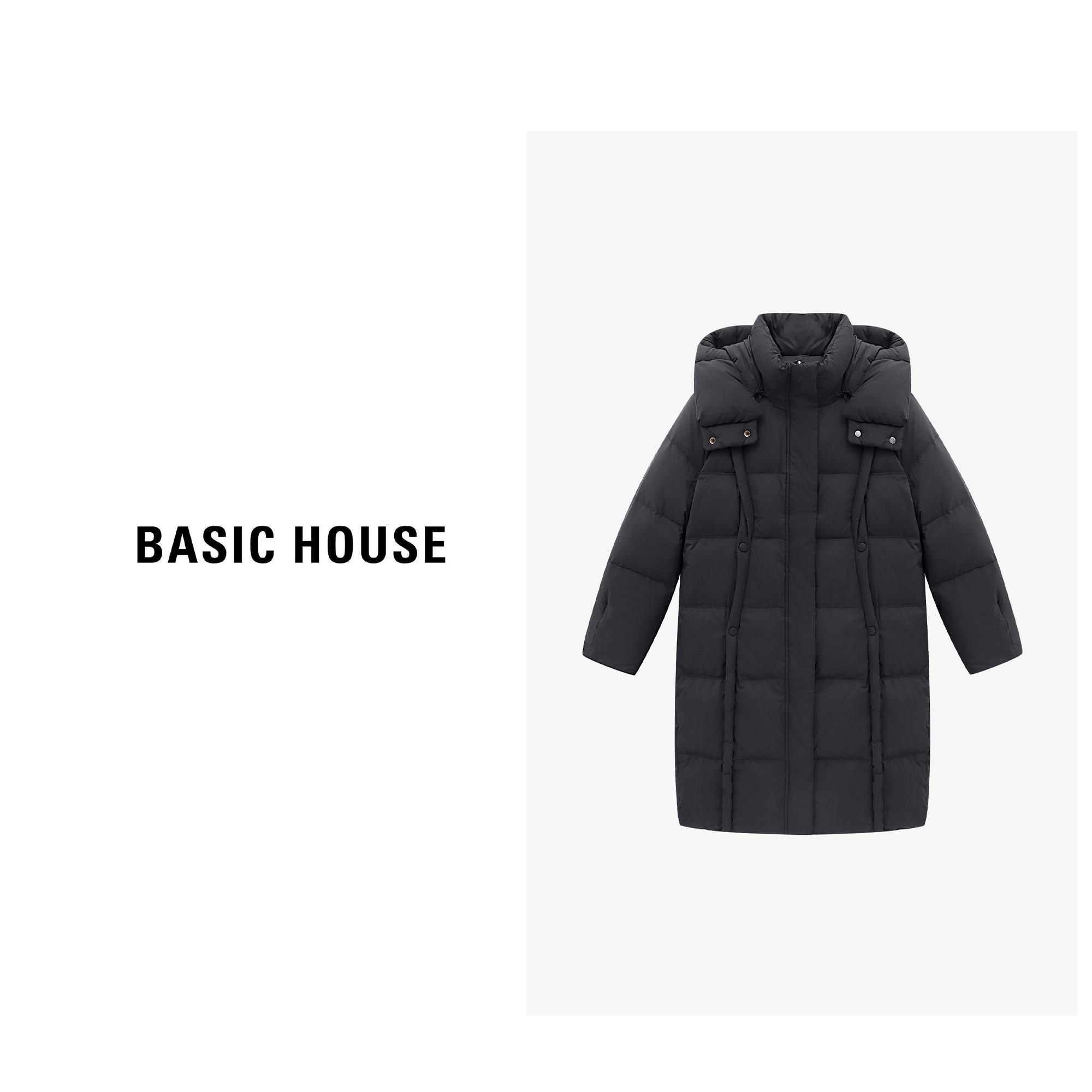 Basic House/百家好韩版连帽羽绒服女冬季中长款双拉链白鸭绒外套