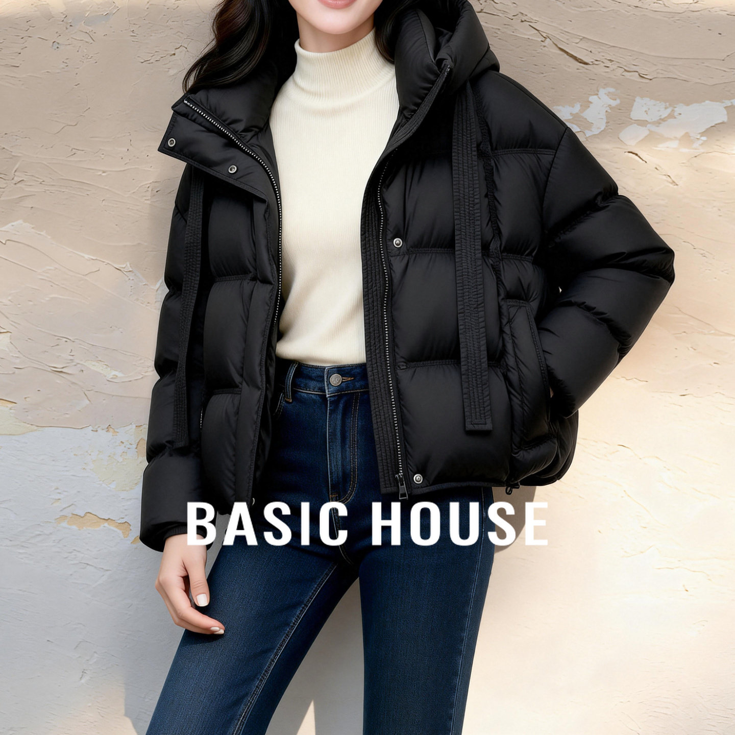 Basic House/百家好连帽抽绳鸭绒黑色羽绒服秋冬新款保暖短款外套