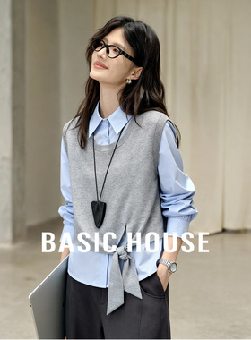 百家好蓝色假两件polo领衬衫女春季新款马甲拼接系带设计气质上衣