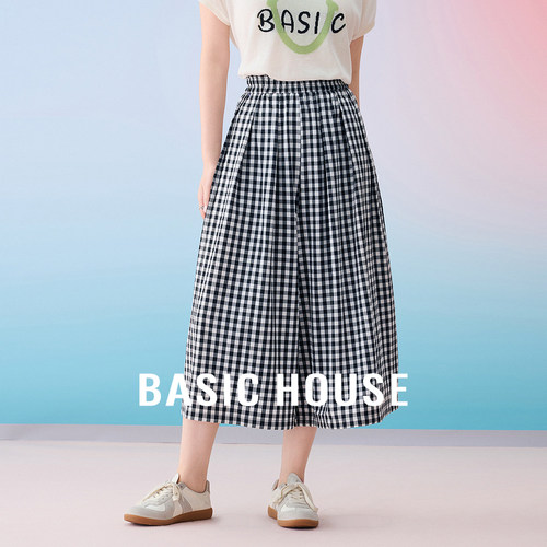 Basic House/百家好复古黑白格子阔腿裙裤夏季新款小个子七分裤子
