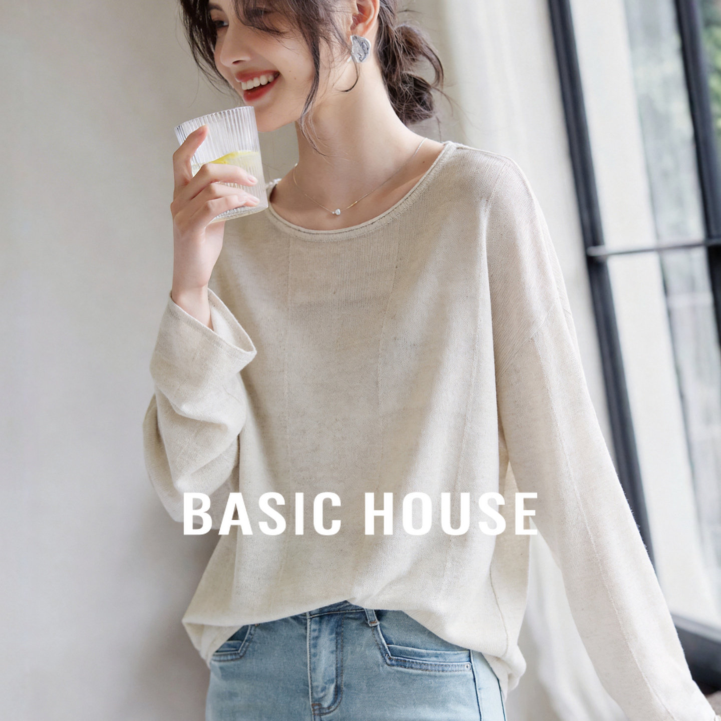 Basic House/百家好慵懒风宽松显瘦针织衫女春季新款防晒罩衫上衣