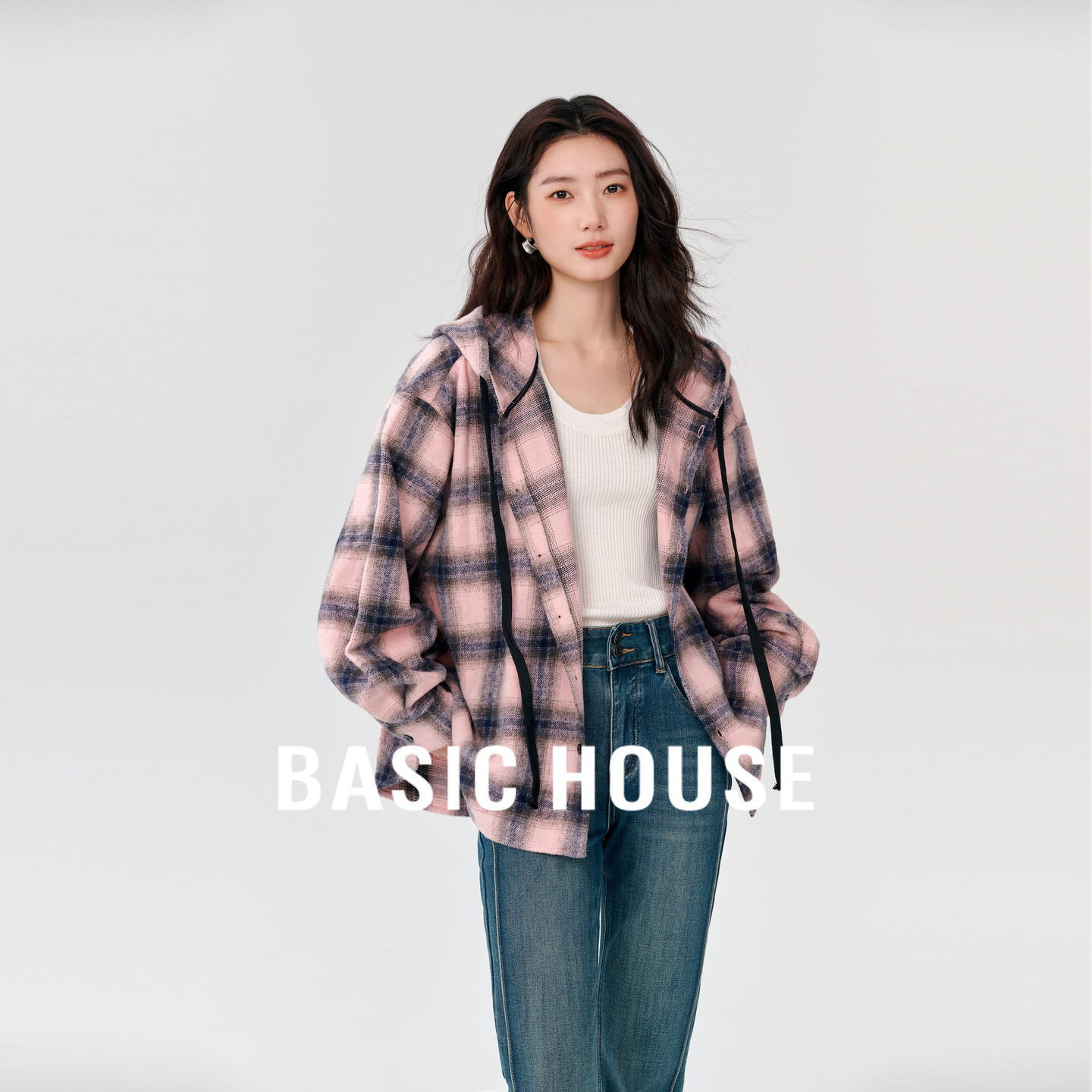 Basic House/百家好2025秋撞色格子外套休闲连帽单排扣长袖上衣女