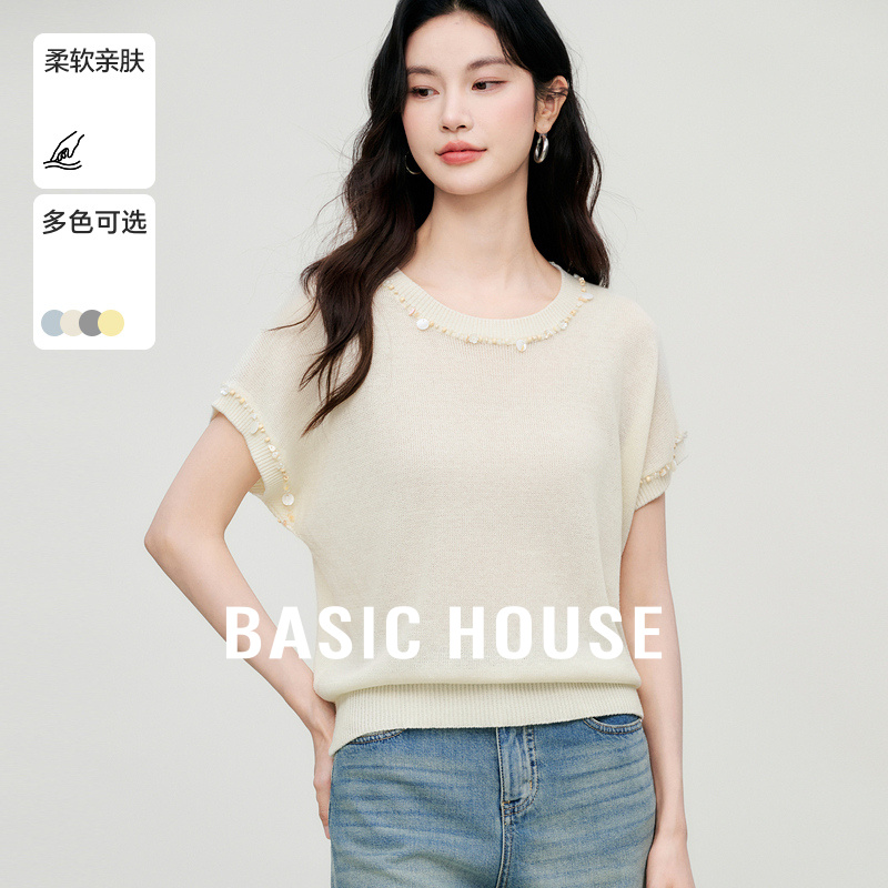 Basic House/百家好绵羊毛钉珠针织衫女夏季新款短款套头圆领上衣