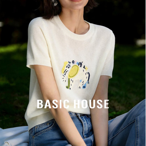 Basic House/百家好卡通印花短袖针织衫女夏薄款V领显瘦打底上衣