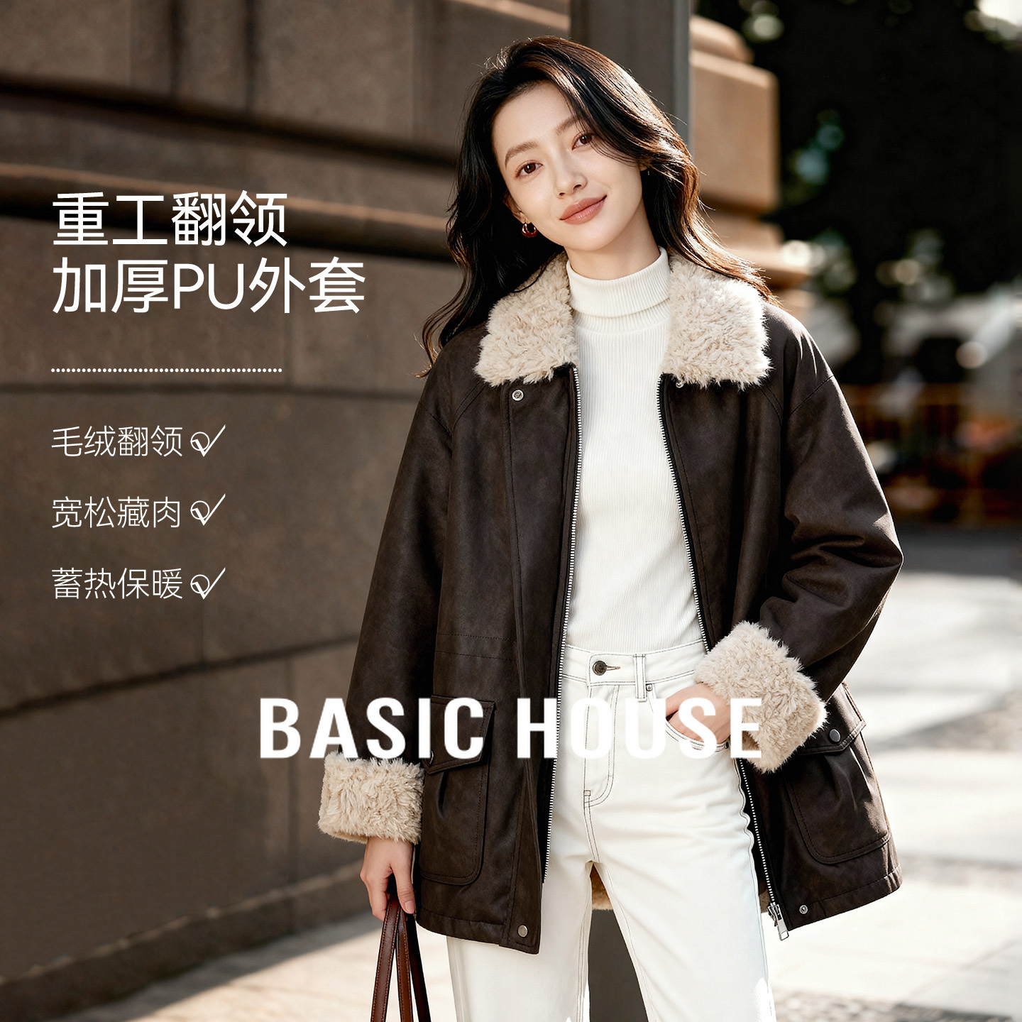 Basic House/百家好复古皮毛一体外套女仿羊羔毛翻领加厚PU外套冬