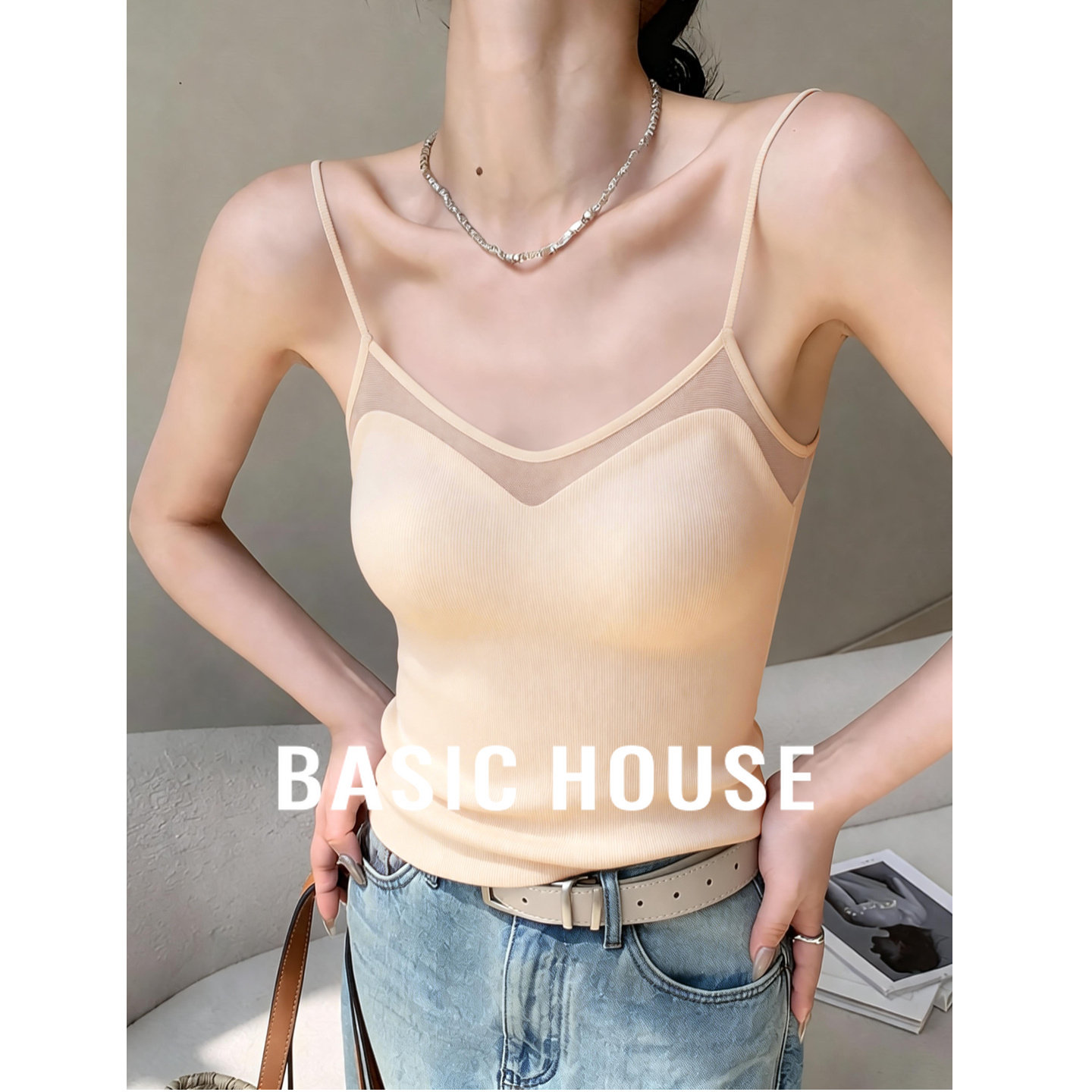 Basic House/百家好肤色V领吊带早春新款网纱外穿带胸垫背心内搭