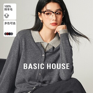 Basic House/百家好韩系慵懒风撞色毛衣秋冬绵羊毛假两件长袖上衣
