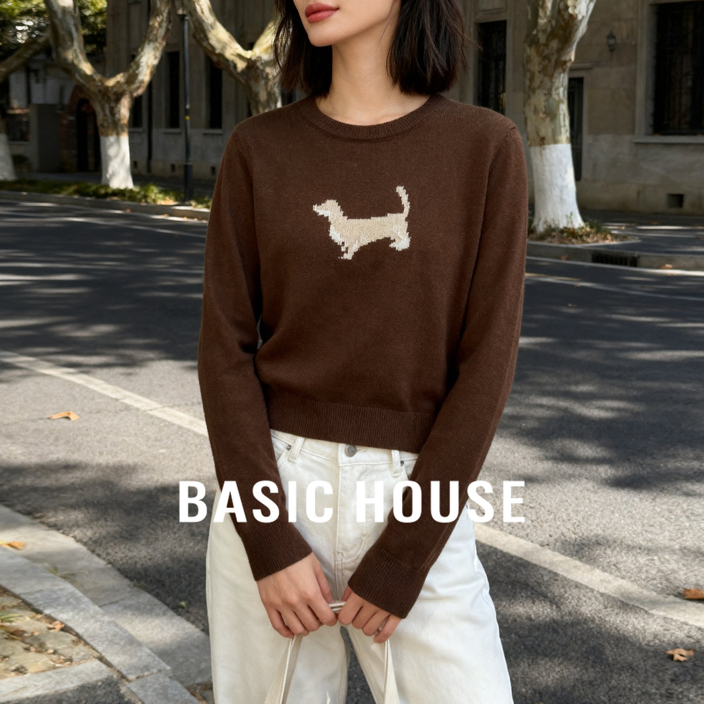 Basic House/百家好简约米色圆领针织衫女2025秋新款通勤套头上衣