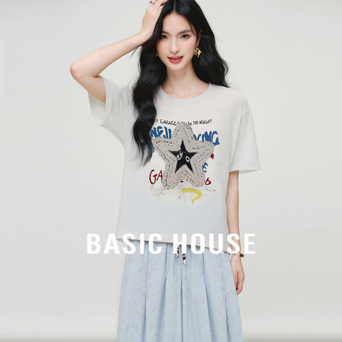 Basic House/百家好夏季新款印花后背撞色设计感短袖圆领针织衫女