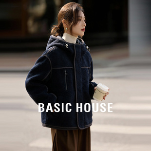 Basic House/百家好羊羔毛连帽羽绒服女冬休闲风宽松百搭保暖外套