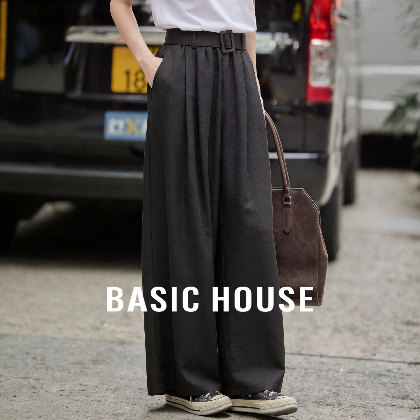 Basic House/百家好老钱风高腰阔腿裤女夏季黑色垂感直筒休闲长裤