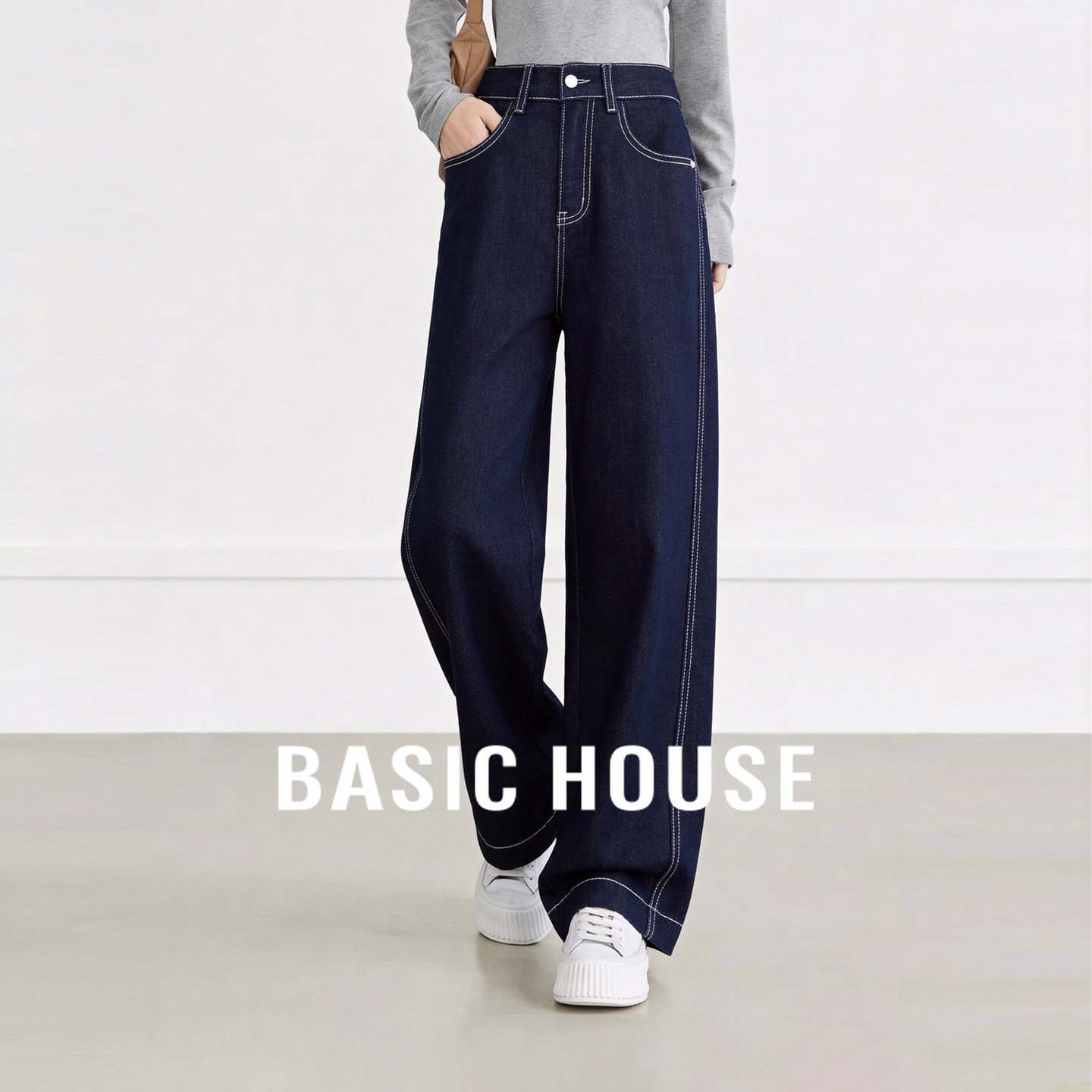 Basic House/百家好复古深蓝直筒牛仔裤春季高腰显瘦宽松阔腿裤女