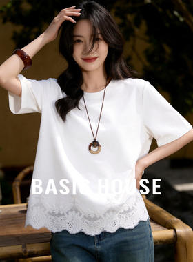 Basic House/百家好松弛风白色短袖T恤女夏蕾丝拼接休闲百搭上衣