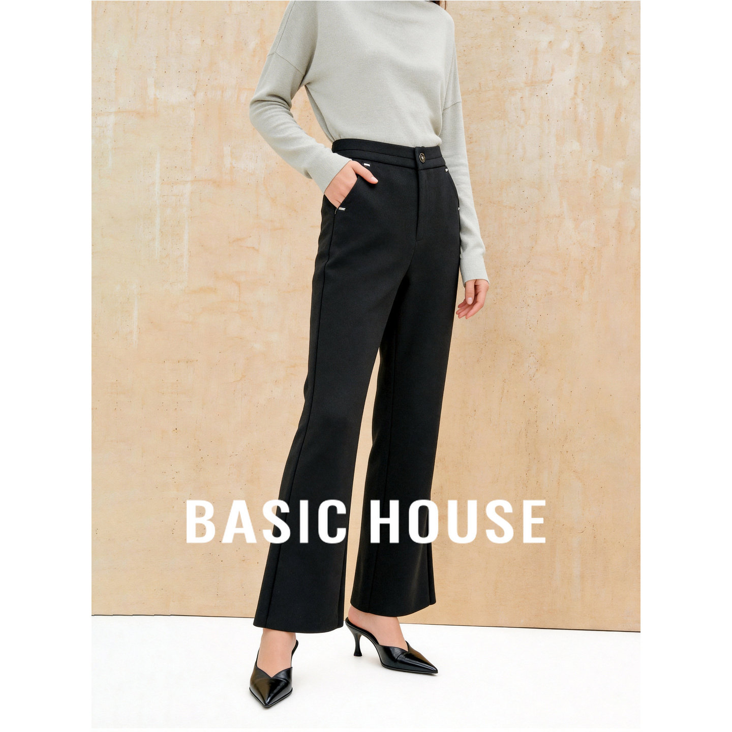 百家好简约高级黑色微喇裤女春季新款高腰显瘦垂感通勤西装裤长裤