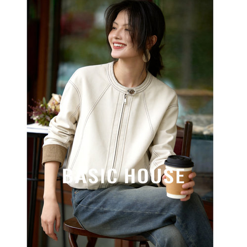 Basic House/百家好撞色圆领短夹克2026春季袖口明线装饰设计上衣