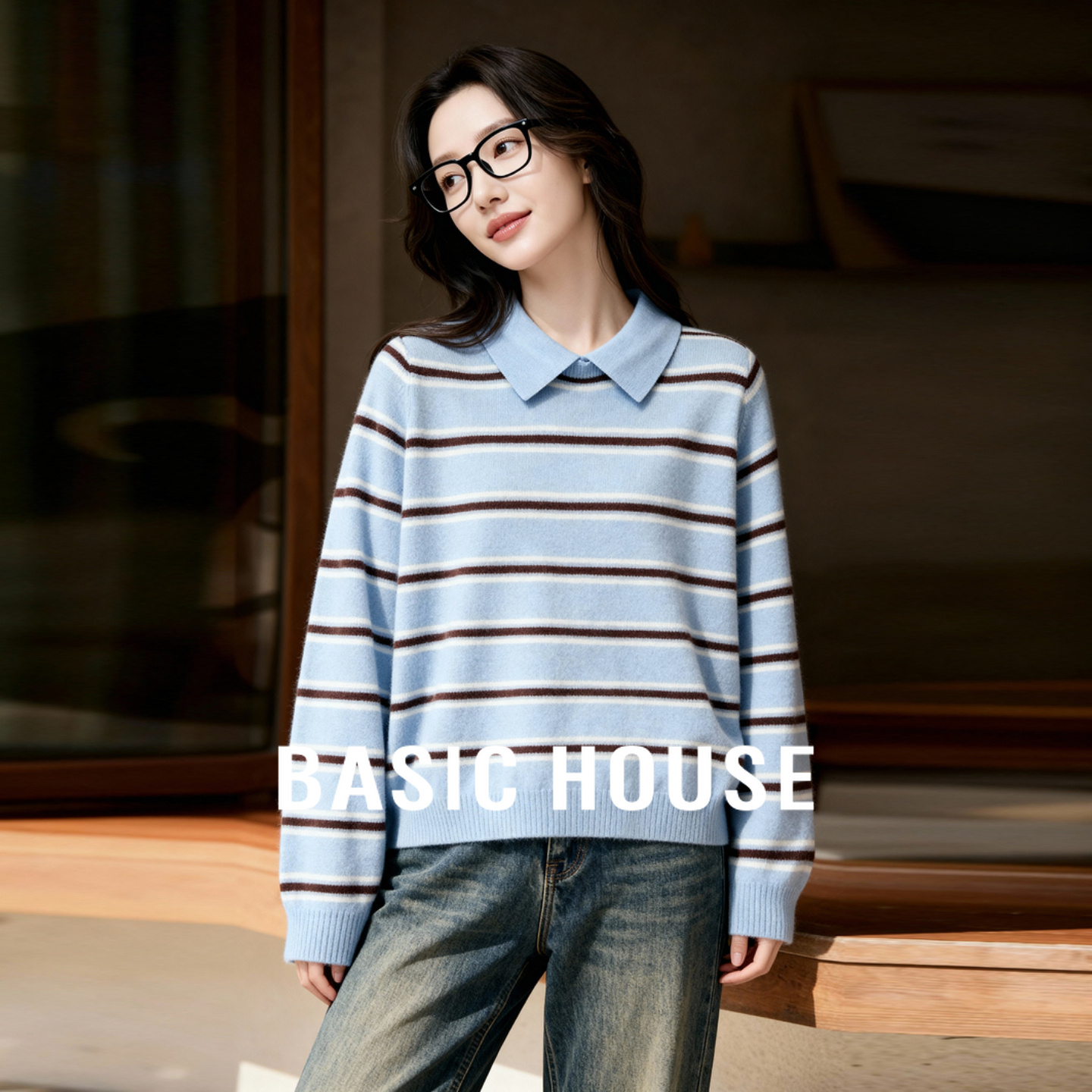 Basic House/百家好撞色翻领条纹羊毛衫女冬季复古学院风套头毛衣