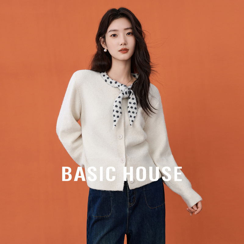 Basic House/百家好复古针织开衫毛衣波点飘带设计25秋冬氛围上衣