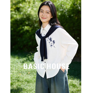 House 新款 百家好韩系polo领披肩长袖 春季 印花叠穿衬衣 衬衫 Basic