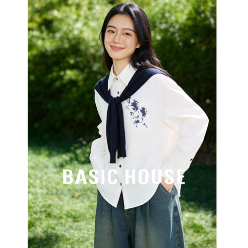Basic House/百家好韩系polo领披肩长袖衬衫春季新款印花叠穿衬衣