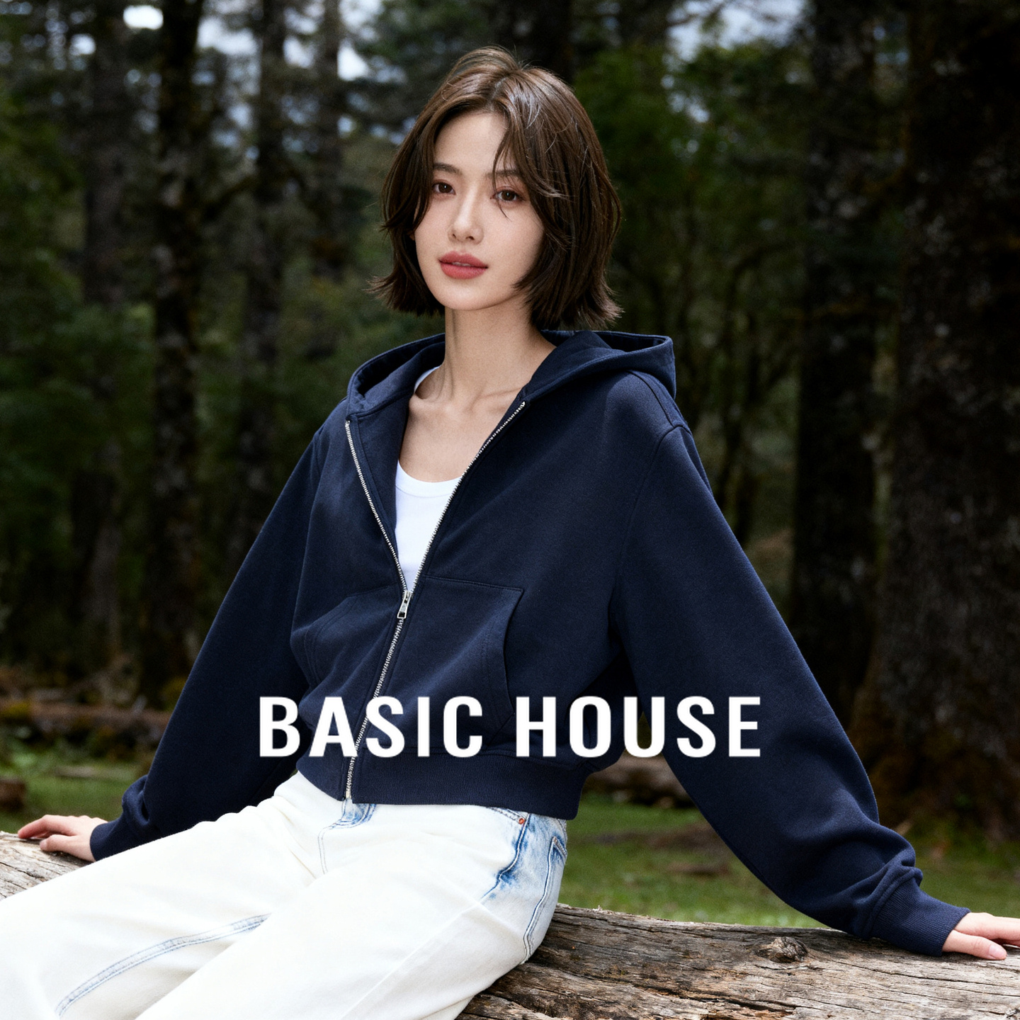 Basic House/百家好短款美式连帽拉链卫衣2025秋冬新款宽松上衣女