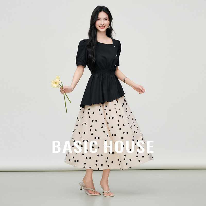 Basic House/百家好法式复古套装女黑色收腰上衣波点半身裙两件套