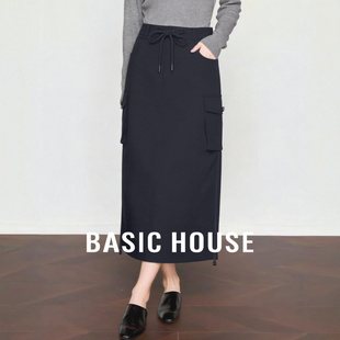 新款 Basic 半身裙女春季 百家好抽绳工装 棉直筒休闲中长裙 House