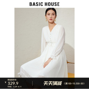 Basic House/百家好v领白色连衣裙收腰2026款长袖花边中长款裙子