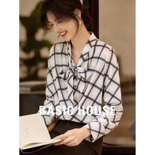 百家好黑白格纹飘带衬衫女春季新款轻薄雪纺法式复古百搭气质上衣