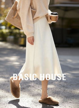 Basic House/百家好羊毛白色半身裙女秋冬加厚a字伞裙中长款裙子